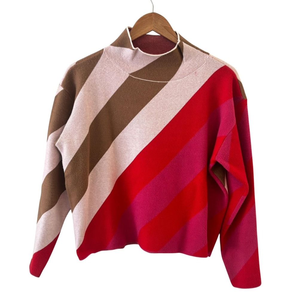 Anthropologie Maeve Carys Mock Neck Sweater Womens XS Pink Red Diagonal Stripe
